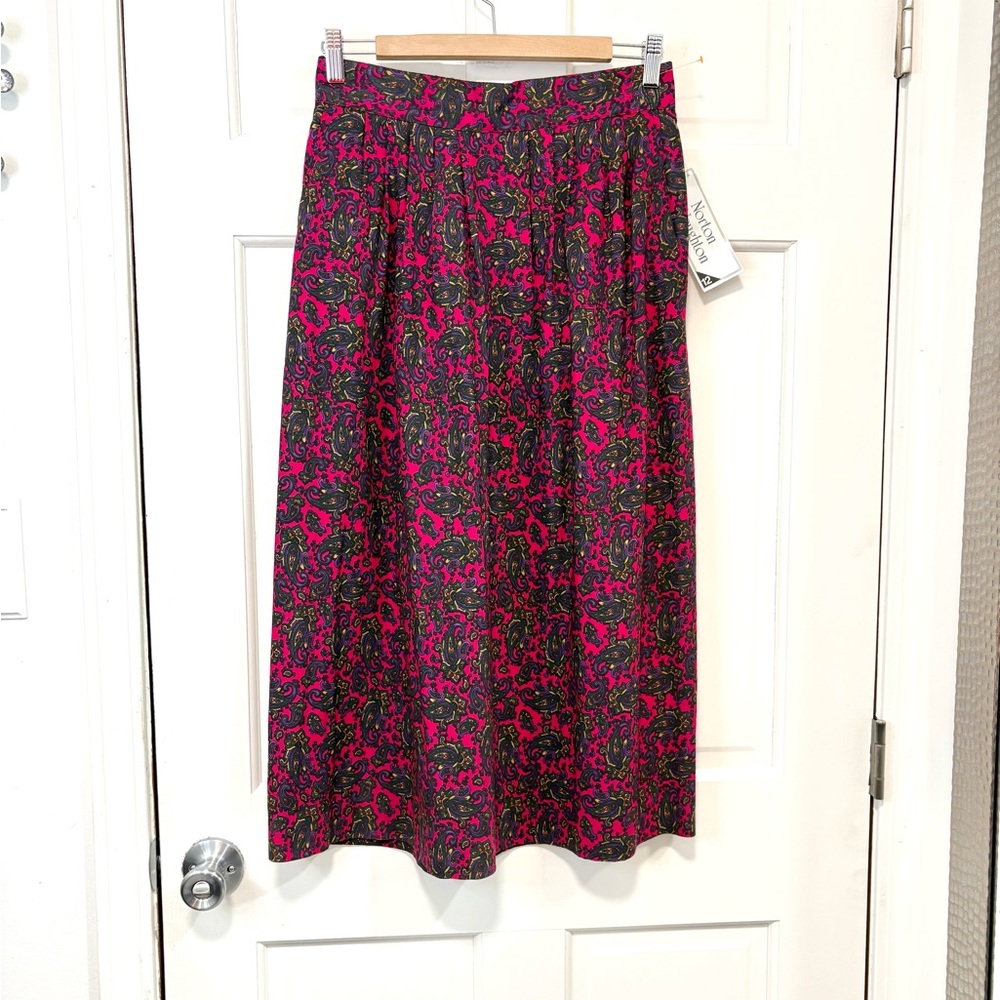 Vintage Norton McNaughton Paisley Midi Skirt Pink Pleated A-Line Pockets Boho 12